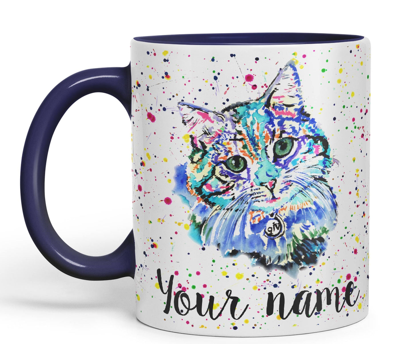 Vixar Personalised with Your Text Blue Cat Kitten Feline Watercolour Art Coloured Ceramic Mug Cup Gift 330ml 11oz Custom Work Office Tea Coffee