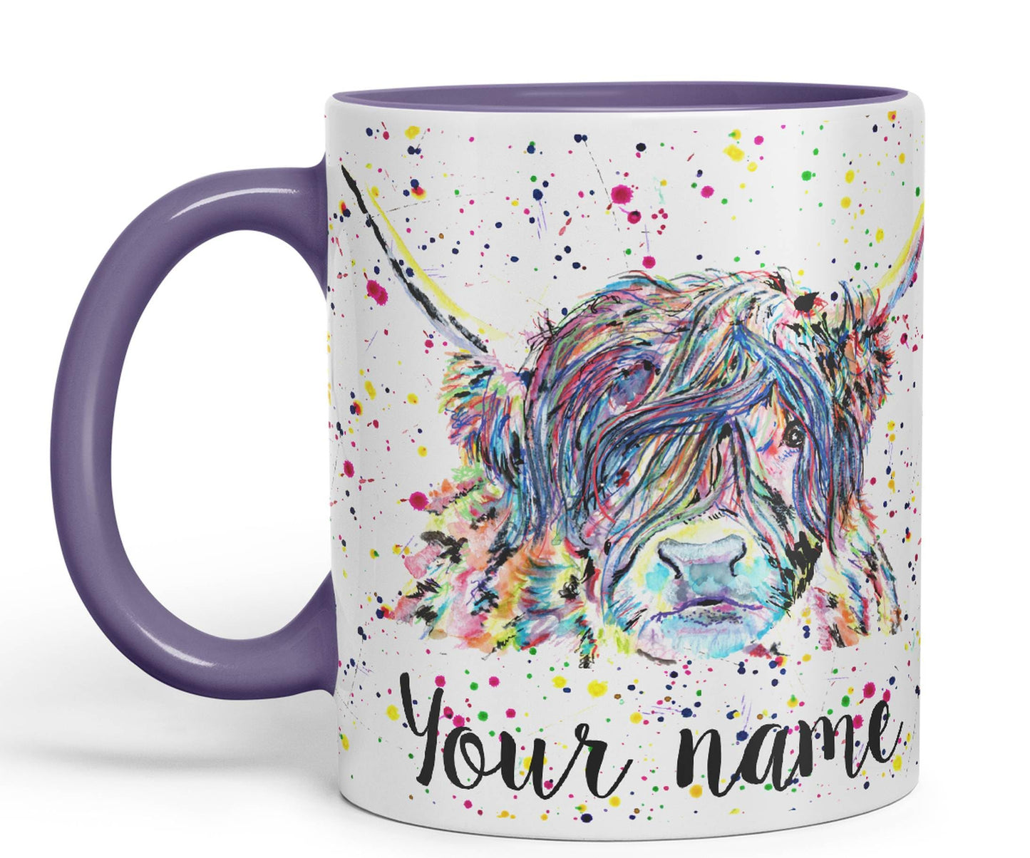 Vixar Personalised with Your Text Highland Cow Scottish Farm Animals Watercolour Art Coloured Mug Cup Gift Birthday Custom Work Office Tea Coffee (P01)