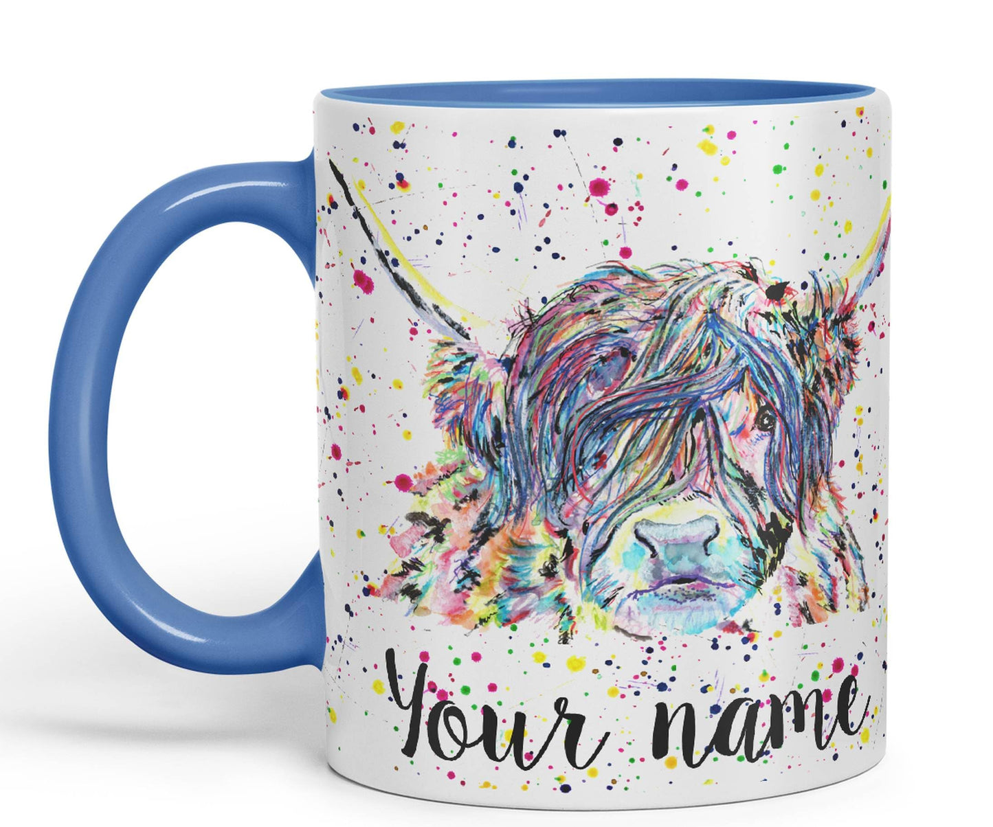 Vixar Personalised with Your Text Highland Cow Scottish Farm Animals Watercolour Art Coloured Mug Cup Gift Birthday Custom Work Office Tea Coffee (P01)