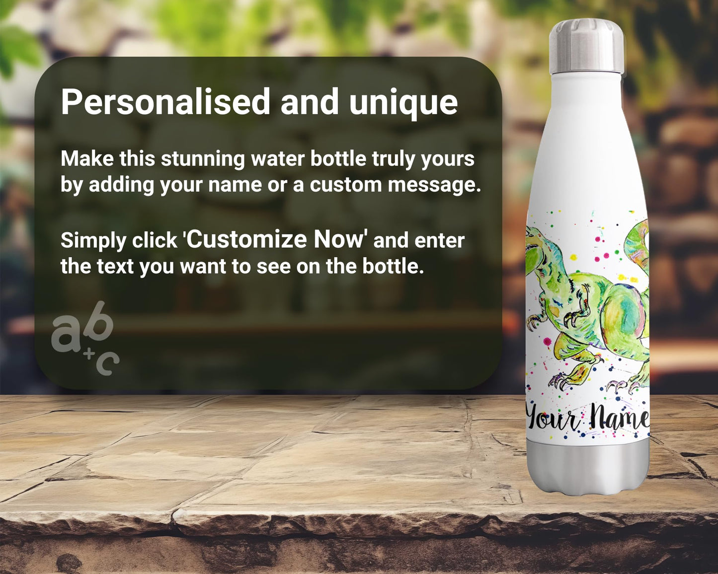 Vixar Dinosaur T-rex dino Personalised Custom Bottle with your Text/name Watercolour Bottle double Wall insulated Stainless steel sport Drinks 500ml v2