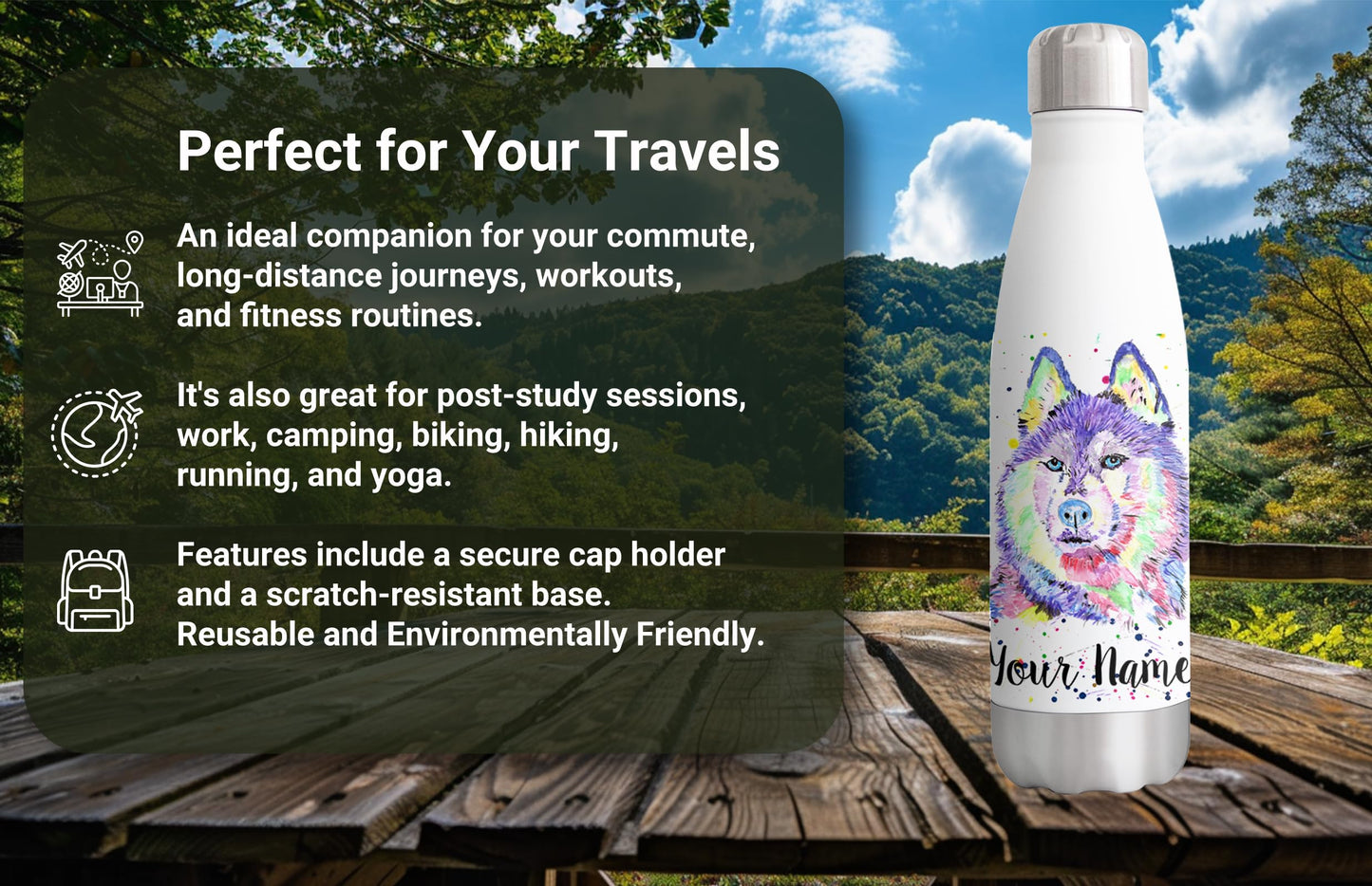 Husky Personalised Custom Bottle with Your Text/Name Snow Dog pet Animals Watercolour Animals Bottle Double Wall Insulated Stainless Steel Sport Drinks 500ml