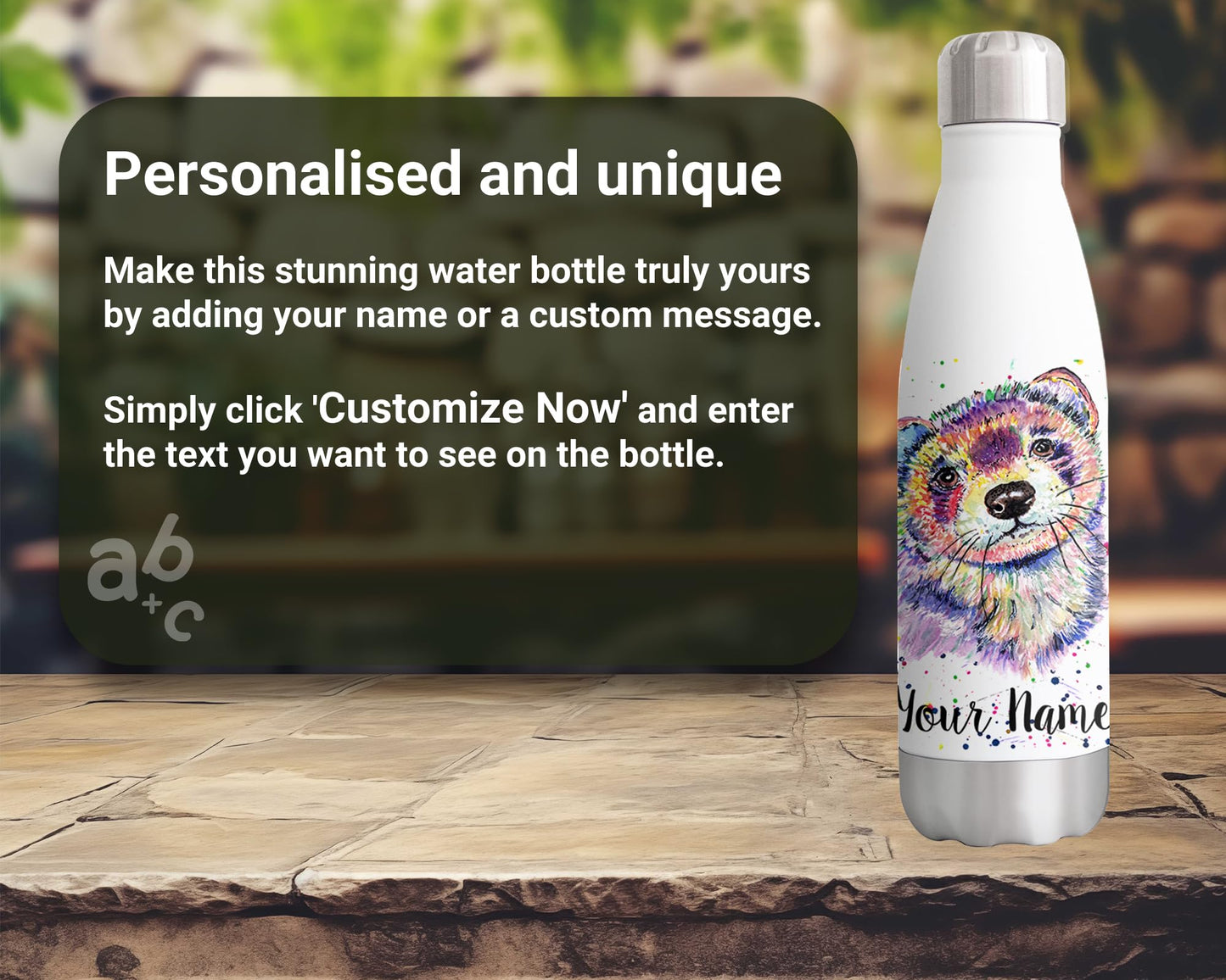 Vixar Ferret Personalised Custom Bottle with your Text/name Watercolourprt animals Bottle double Wall insulated Stainless steel sport Drinks 500ml