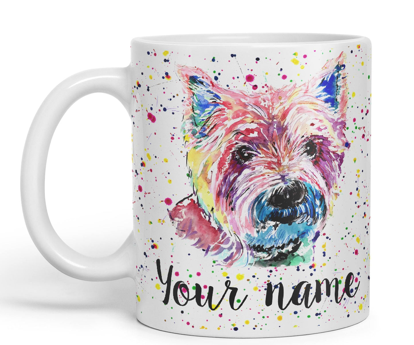 Personalised mug with Your Text name West Highland terrier Scottish animals Watercolour Art Coloured Ceramic Mug Cup Gift 330ml 11oz Custom Work Office Tea Coffee