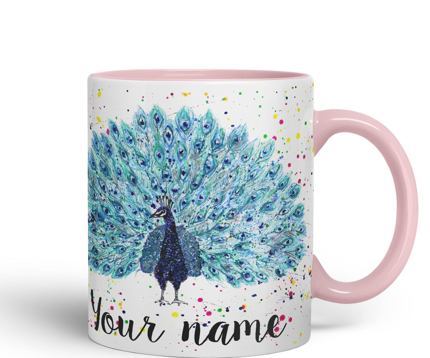 Vixar Personalised with Your Text Peacock Peafowl Bird Watercolour Art Coloured Ceramic Mug Cup Gift 330ml 11oz Custom Work Office Tea Coffee (O2)