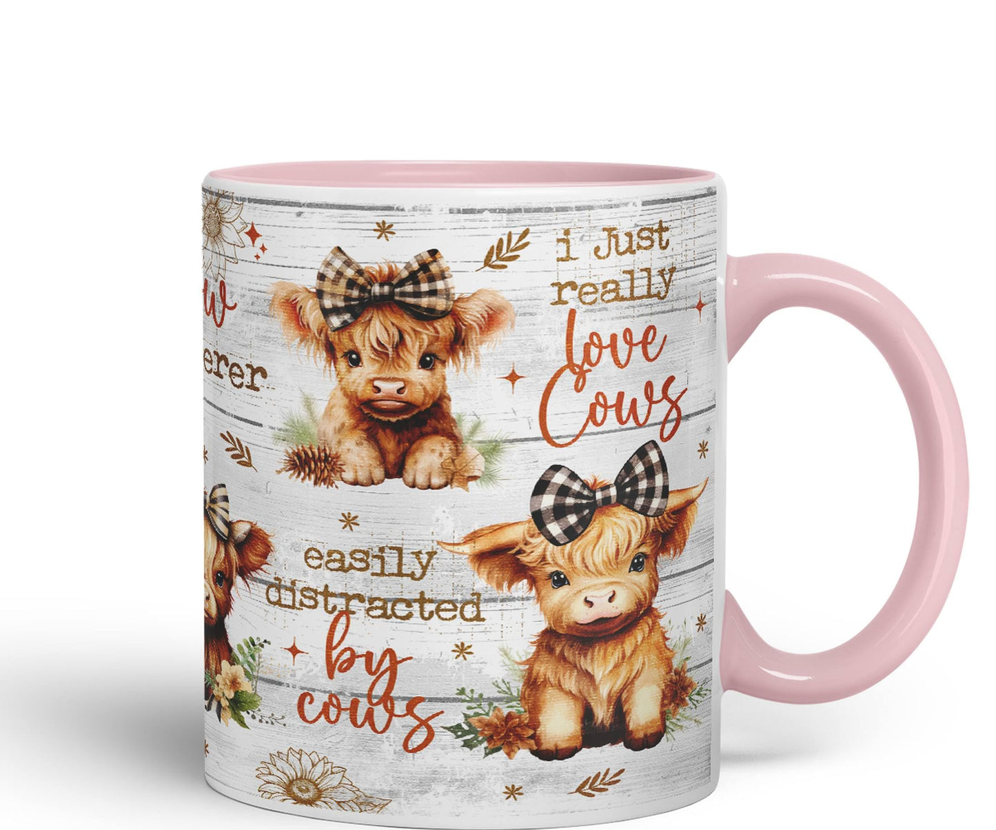 Easily Distracted by Baby Cow Whisperer I just Realy Love Cow Highland Scottish Farm Animals Ceramic Coloured Mug Cup for Tea Coffee Hot Brew 330ml 11Oz Gift