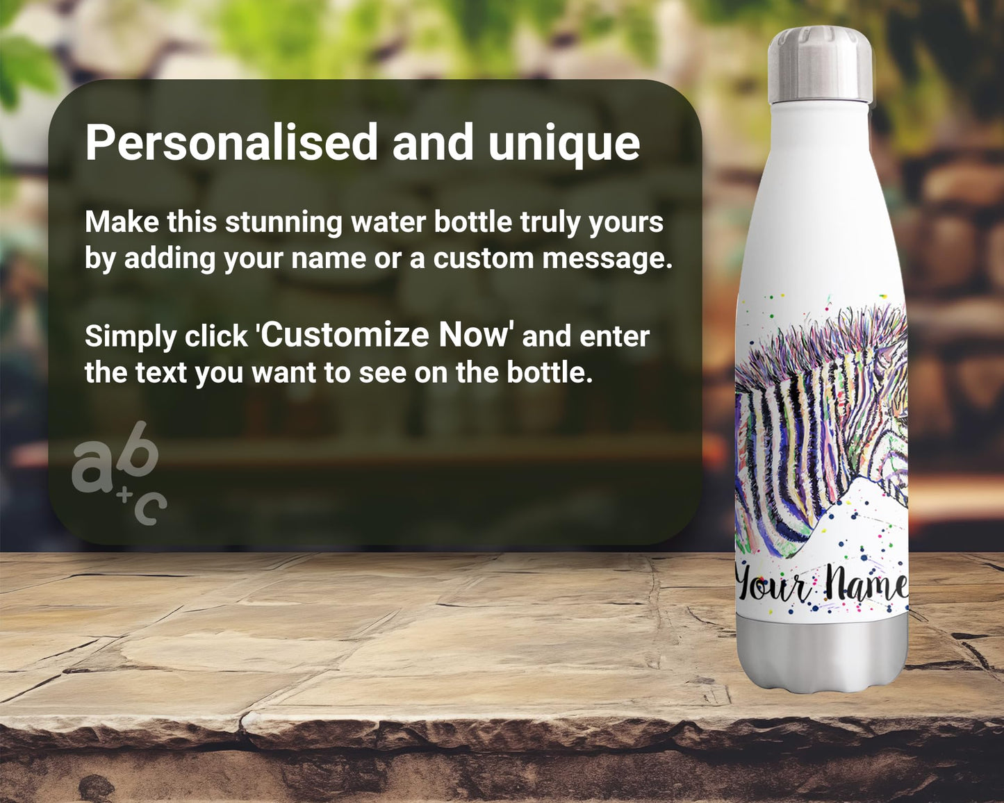 Vixar Zebra Personalised Custom Bottle with your Text/name Watercolour safari wildlife Animals Bottle Double Wall Insulated Stainless Steel Sport Drinks 500ml