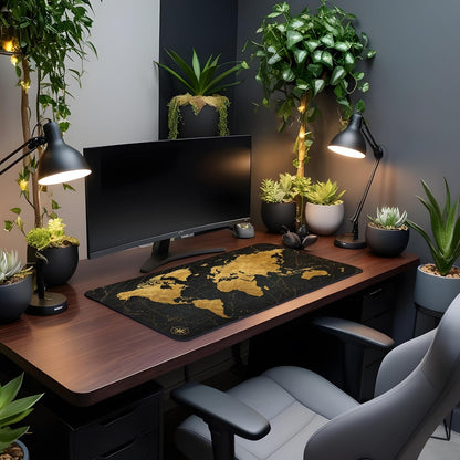 Vixar Black Gold World Map Large Desk Mat – Luxury Marble Style Fabric Mouse Pad with 3mm Non-Slip Rubber Base, 600 x 350mm
