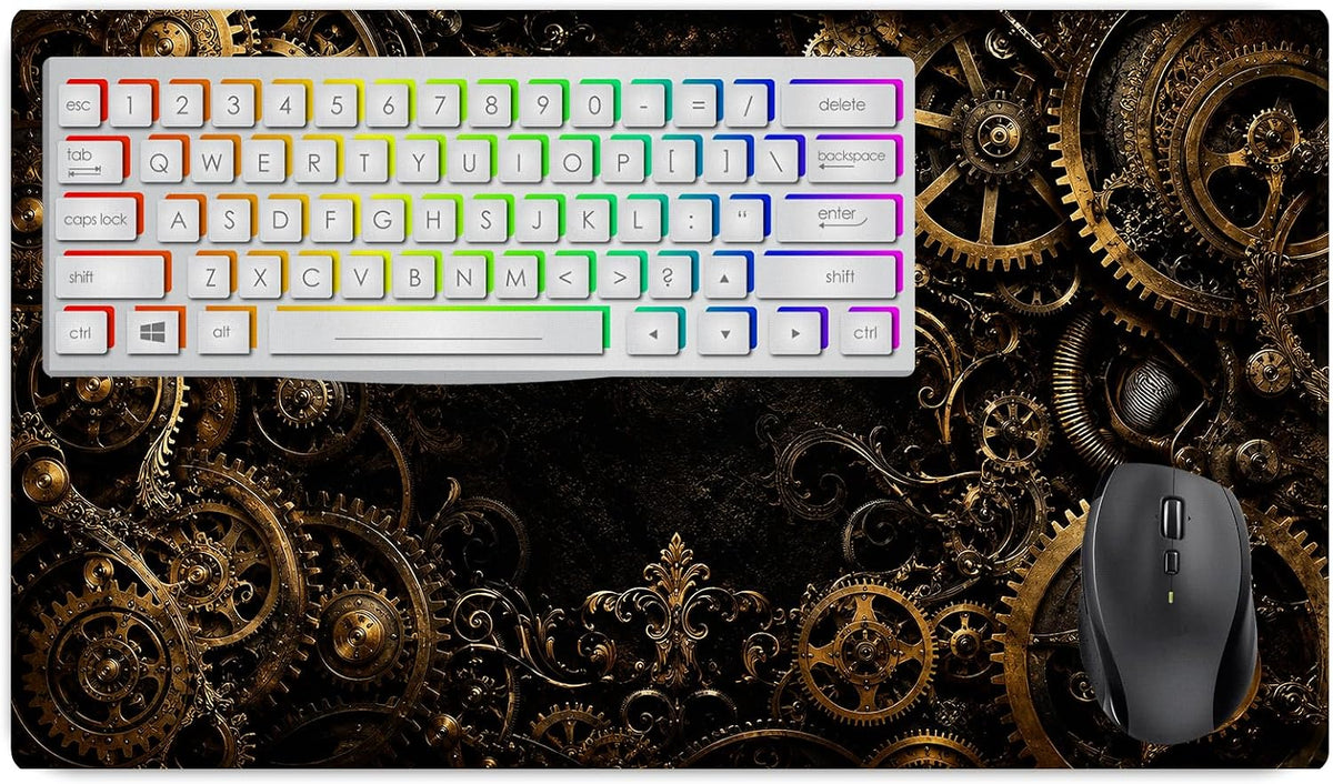 Vixar Gilded Gears Large Desk Mat – Black Gold Steampunk Fabric Mouse Pad with 3mm Non-Slip Rubber Base, 600 x 350mm (T7)