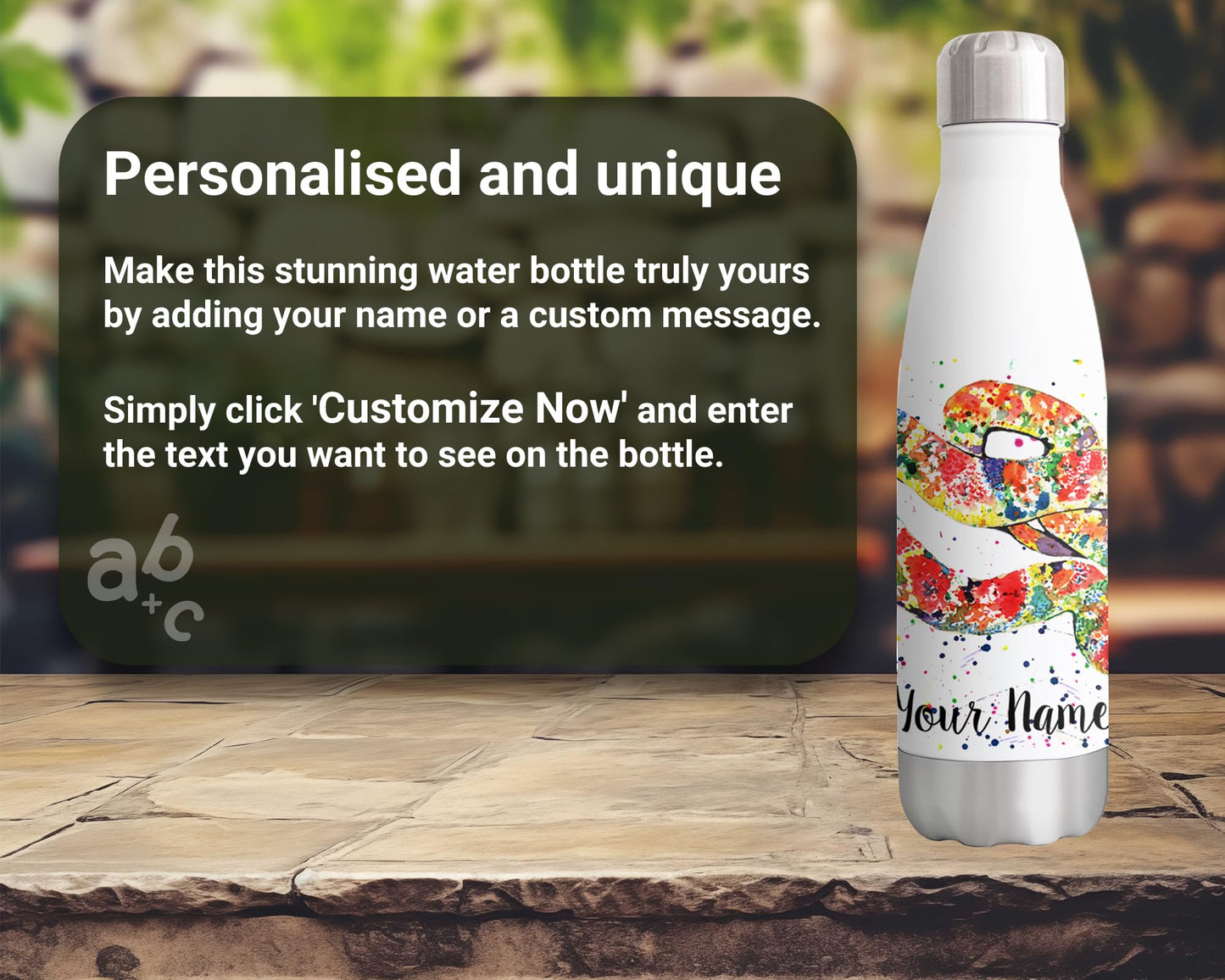 Vixar Snake Personalised Custom Bottle with your Text/name Reptile animals Watercolour Bottle Double Wall Insulated Stainless Steel Sport Drinks 500ml