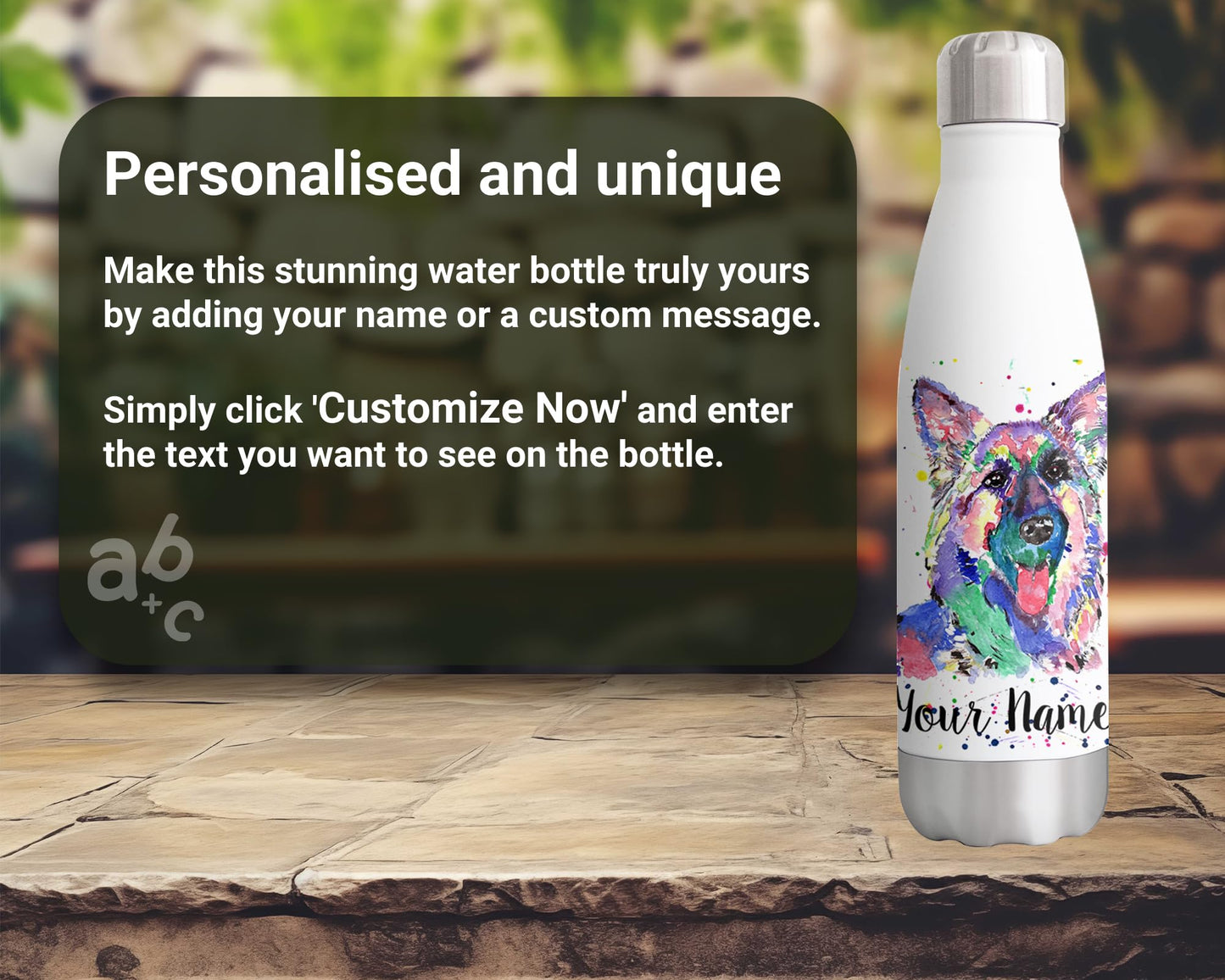 Vixar German Shepherd Personalised Custom Bottle with your Text/name Watercolour Pet Dog Animals Bottle Double Wall Insulated Stainless Steel Sport Drinks 500ml HC2