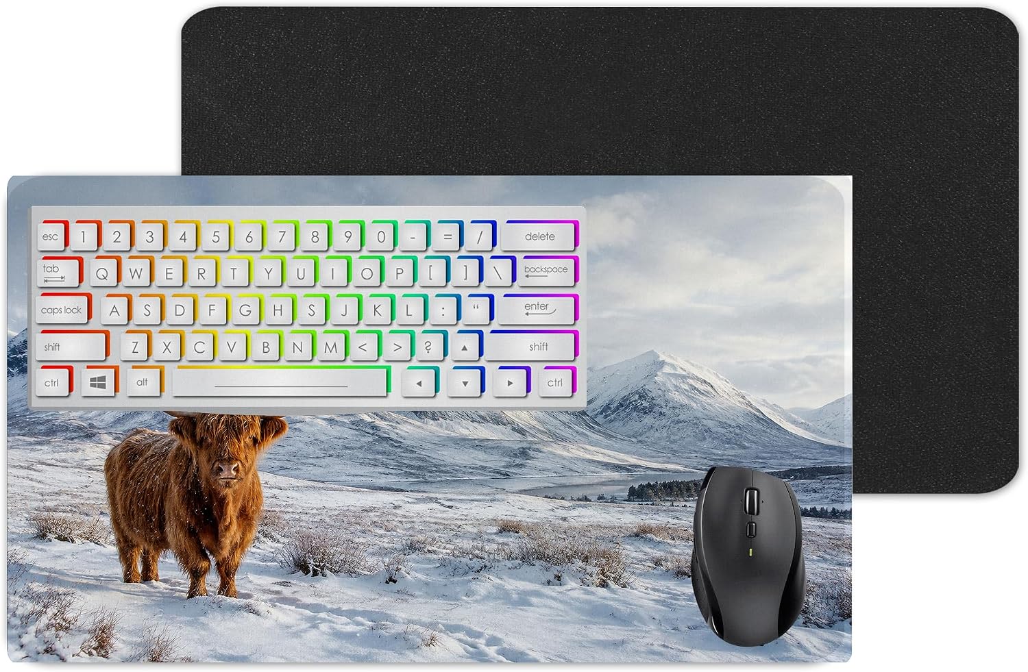 Vixar Highland Cow Snowy Mountains Large Desk Mat – Scottish Winter Fabric Mouse Pad with 3mm Non-Slip Rubber Base, 600 x 350mm (Snowy Mountains Highland Cow)