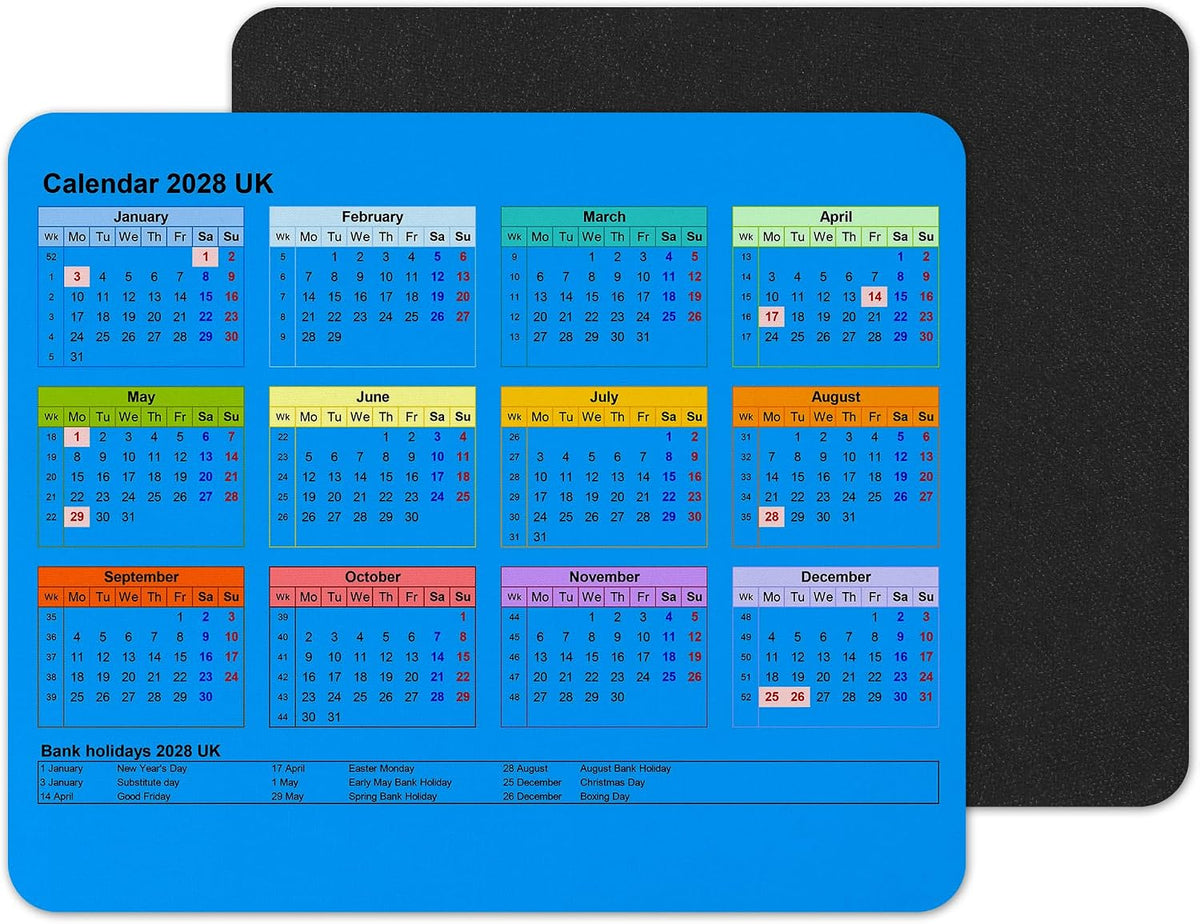 Calendar 2028 Mouse mat pad for UK with Holiday Non Slip PC Desktop Laptop for office school work home (Blue)