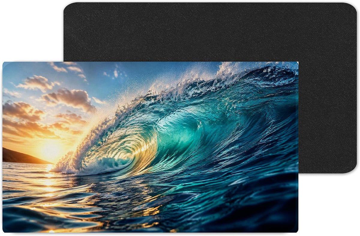Ocean Wave at Sunset Large Desk Mat – Dramatic Coastal Fabric Mouse Pad with 3mm Non-Slip Rubber Base, 600 x 350mm (Wave)