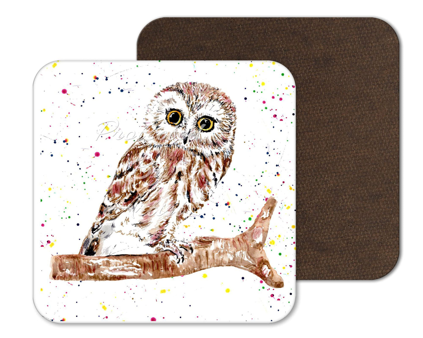 Coaster Owl British Wildlife Hand Painted Animals Coasters Watercolour Art Gift Work Office Dining Tea coffee