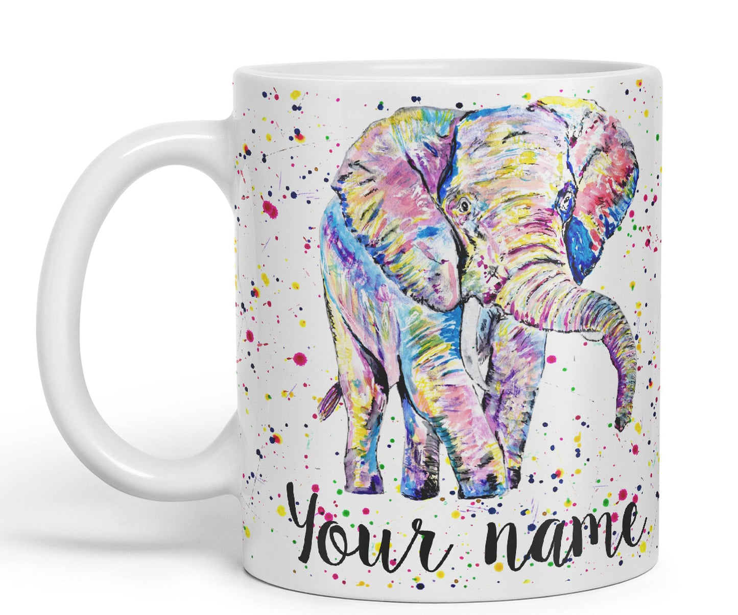 Vixar Personalised with Your Text Elephant Forward Facing Wild Animals Watercolour Art Coloured Ceramic Mug Cup Gift 330ml 11oz Custom Work Office Tea Coffee