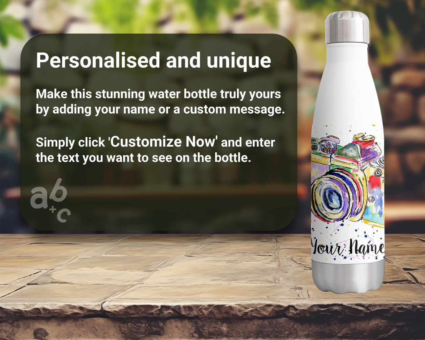 Vixar Camera Personalised Custom Bottle with your Text/name Photograph Gift Watercolour Bottle Double Wall Insulated Stainless Steel Sport Drinks 500ml