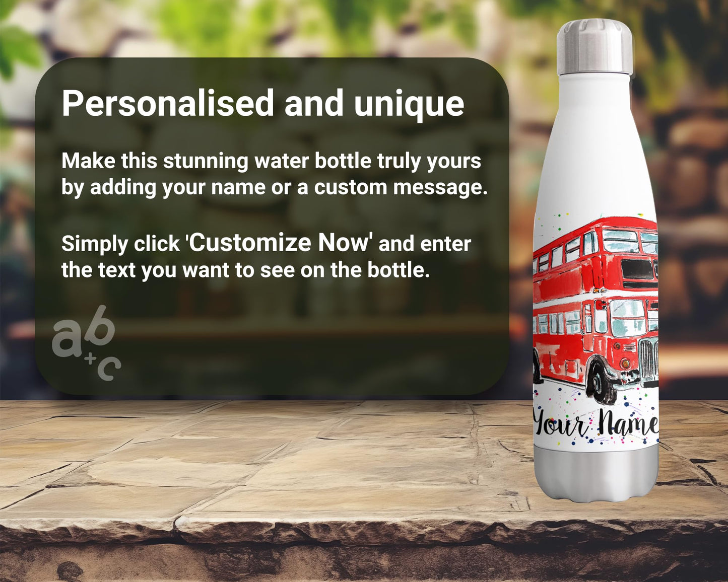 Vixar Bus Red Personalised Custom Bottle with your Text/name london busses Watercolour Animals Bottle Double Wall Insulated Stainless Steel Sport Drinks 500ml