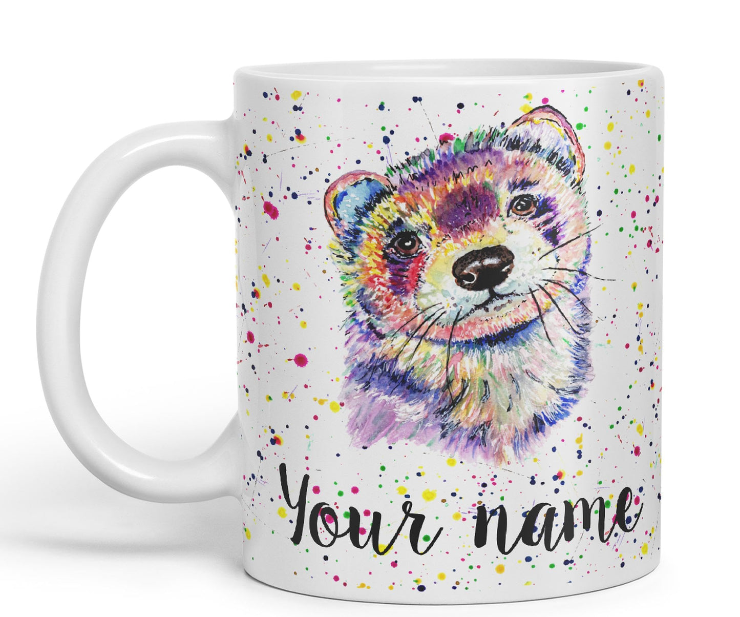 Personalised mug with Your Text name Ferret Pet animals Watercolour Art Coloured Ceramic Mug Cup Gift 330ml 11oz Custom Work Office Tea Coffee