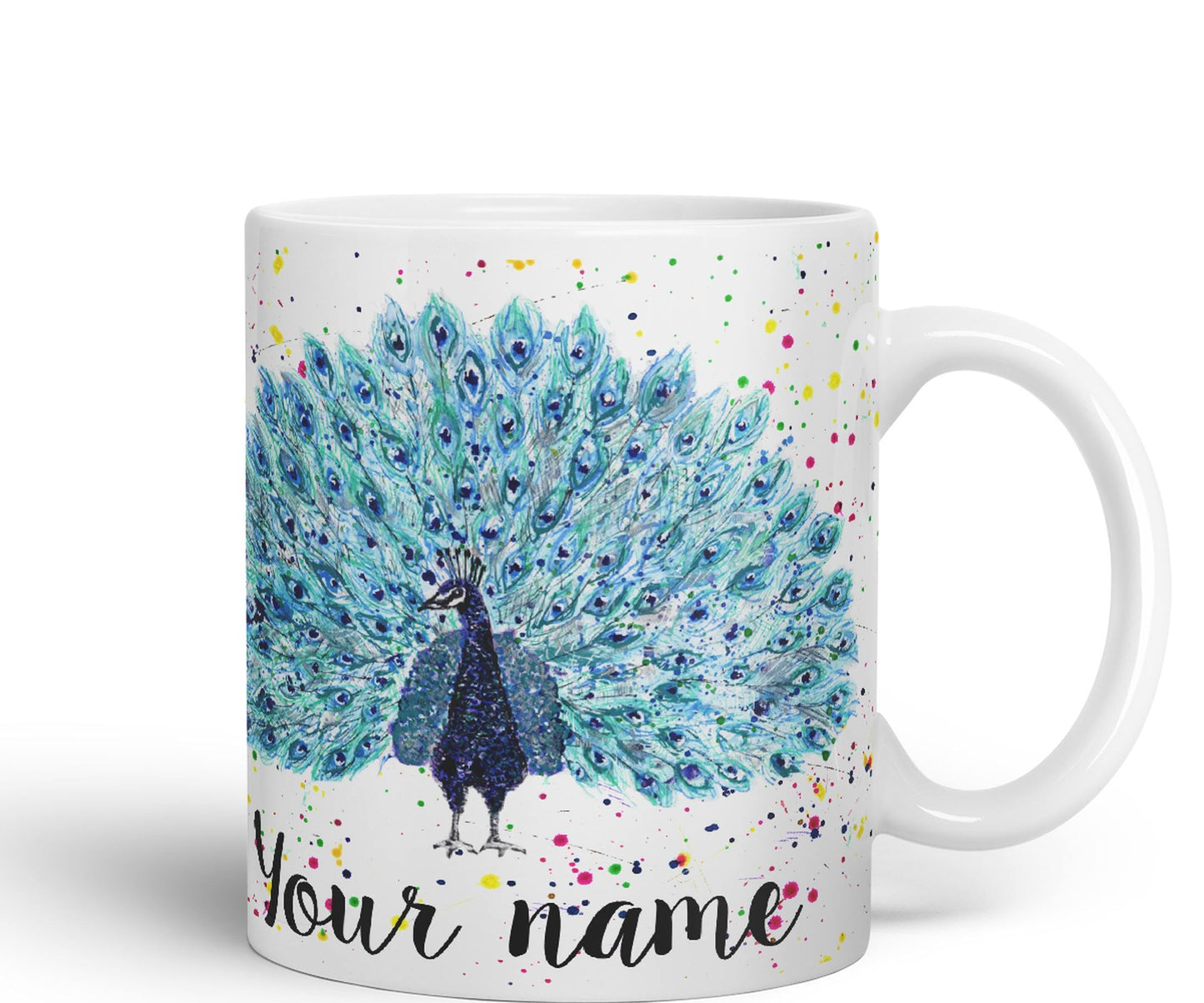 Vixar Personalised with Your Text Peacock Peafowl Bird Watercolour Art Coloured Ceramic Mug Cup Gift 330ml 11oz Custom Work Office Tea Coffee (O2)