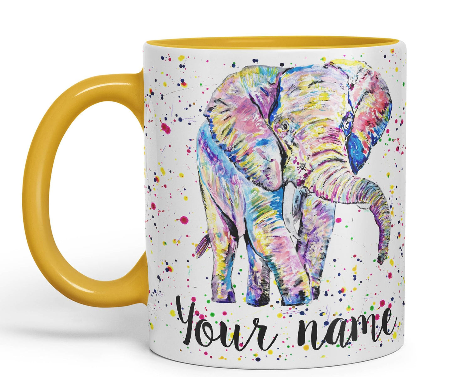 Vixar Personalised with Your Text Elephant Forward Facing Wild Animals Watercolour Art Coloured Ceramic Mug Cup Gift 330ml 11oz Custom Work Office Tea Coffee