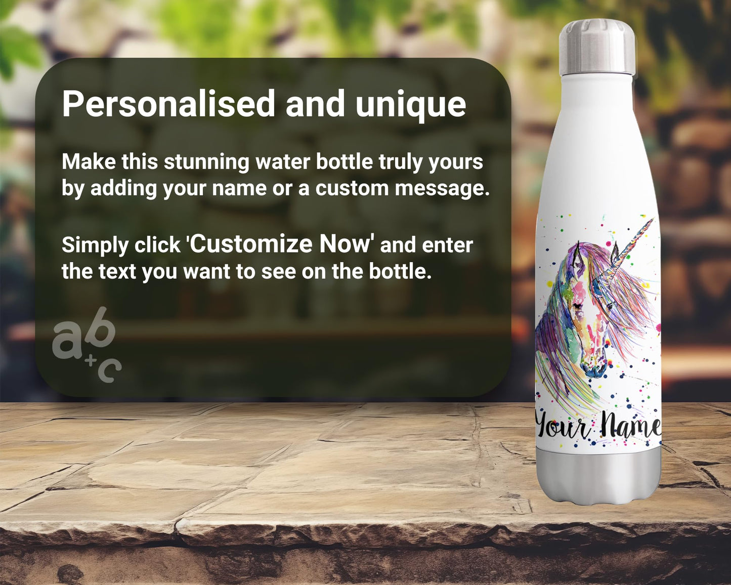 Vixar Unicorn Personalised Custom Bottle with your Text/names horn Watercolour Bottle Double Wall Insulated Stainless Steel Sport Drinks 500m horn