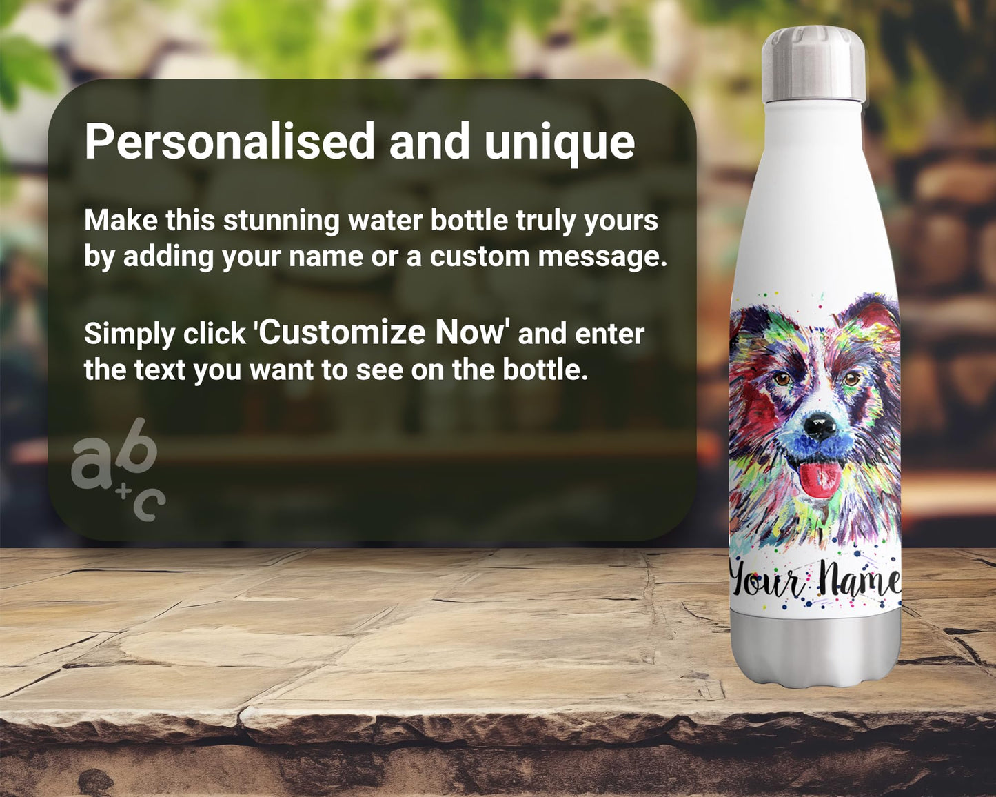 Vixar Border Collie Personalised Custom Bottle with your Text/name Dog pet Watercolour Farm animals Bottle double Wall insulated Stainless steel sport Drinks 500ml