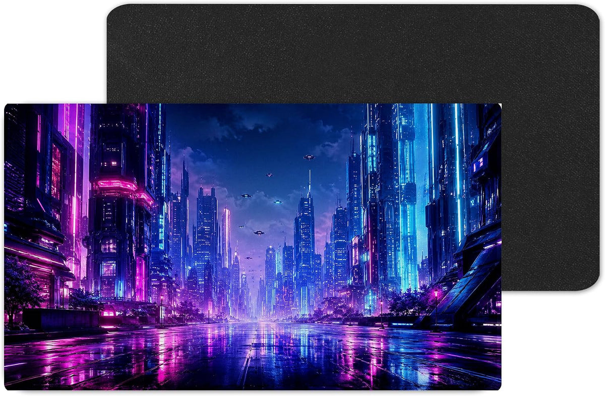 Vixar Cyberpunk Neon City Large Desk Mat – Futuristic Night Fabric Mouse Pad with 3mm Non-Slip Rubber Base, 600 x 350mm