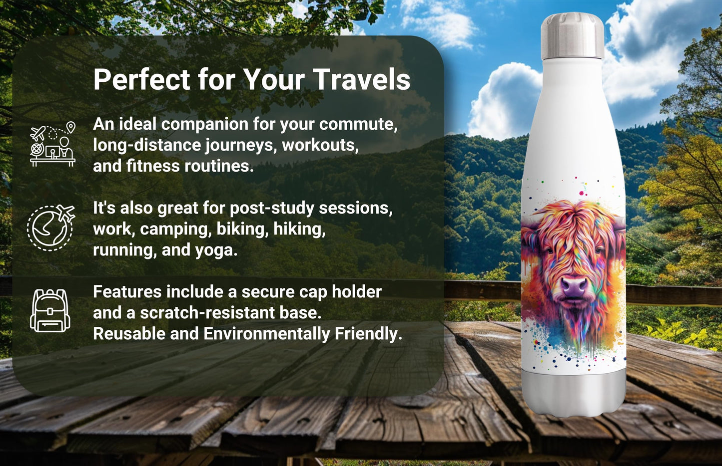 Vixar Highland Cow Scottish Farm Animals Watercolour Bottle double Wall insulated Stainless steel sport Drinks 500ml HC4