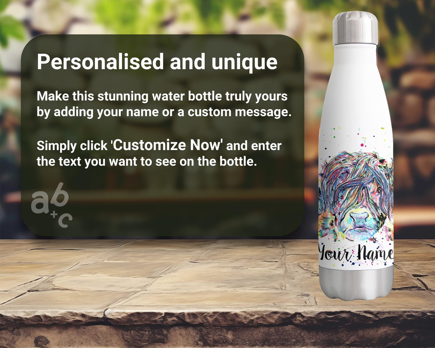 Highland Cow Personalised Custom Bottle with Your Text/Name Scottish Cow Watercolour Farm Animals Bottle Double Wall Insulated Stainless Steel Sport Drinks 500ml HC1