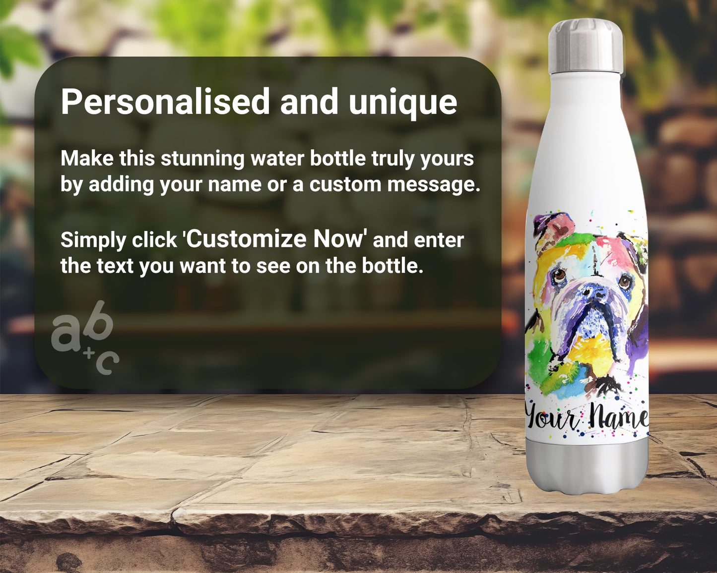 Vixar Bully British Bulldog Personalised Custom Bottle with your Text/name Dog Pet Watercolour Animals Bottle Double Wall Insulated Stainless Steel Sport Drinks 500ml