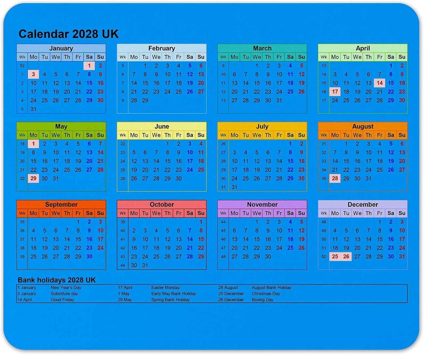 Calendar 2028 Mouse mat pad for UK with Holiday Non Slip PC Desktop Laptop for office school work home (Blue)
