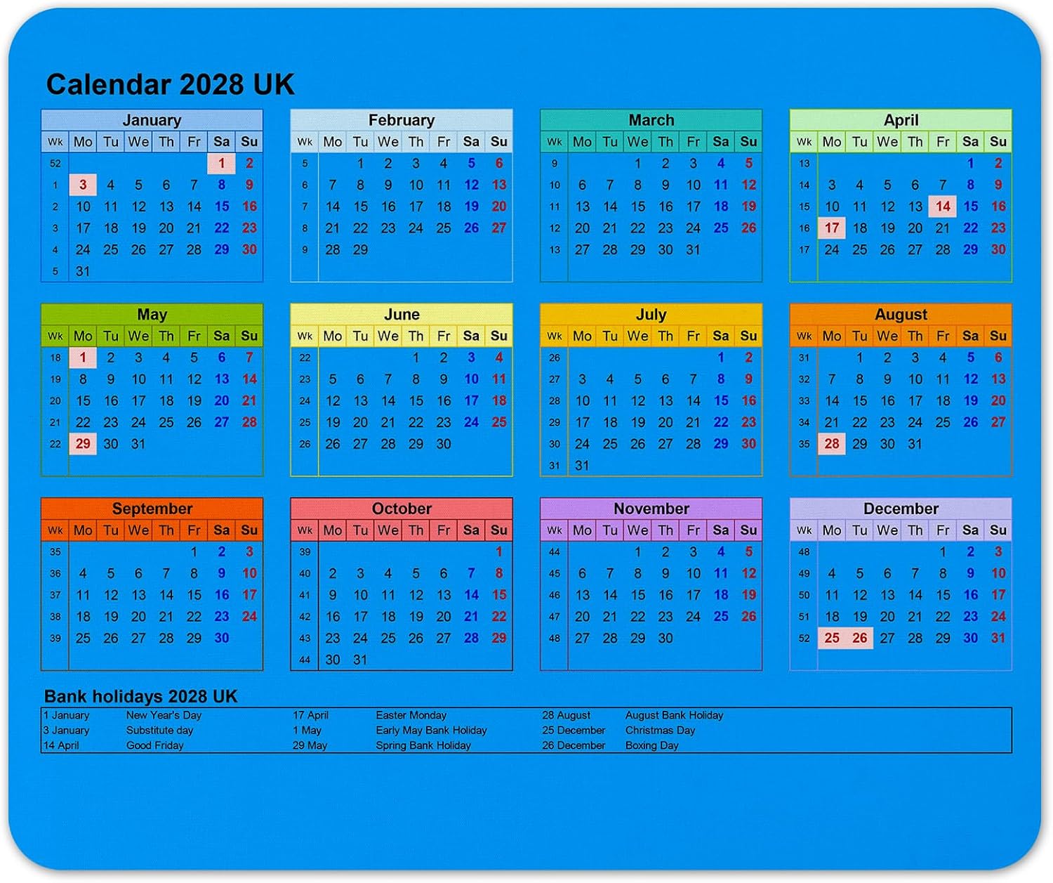 Calendar 2028 Mouse mat pad for UK with Holiday Non Slip PC Desktop Laptop for office school work home (Blue)