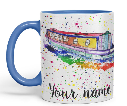 Vixar Personalised with Your Text Narrowboat Canal Boat Watercolour Art Coloured Ceramic Mug Cup Gift 330ml 11oz Custom Work Office Tea Coffee