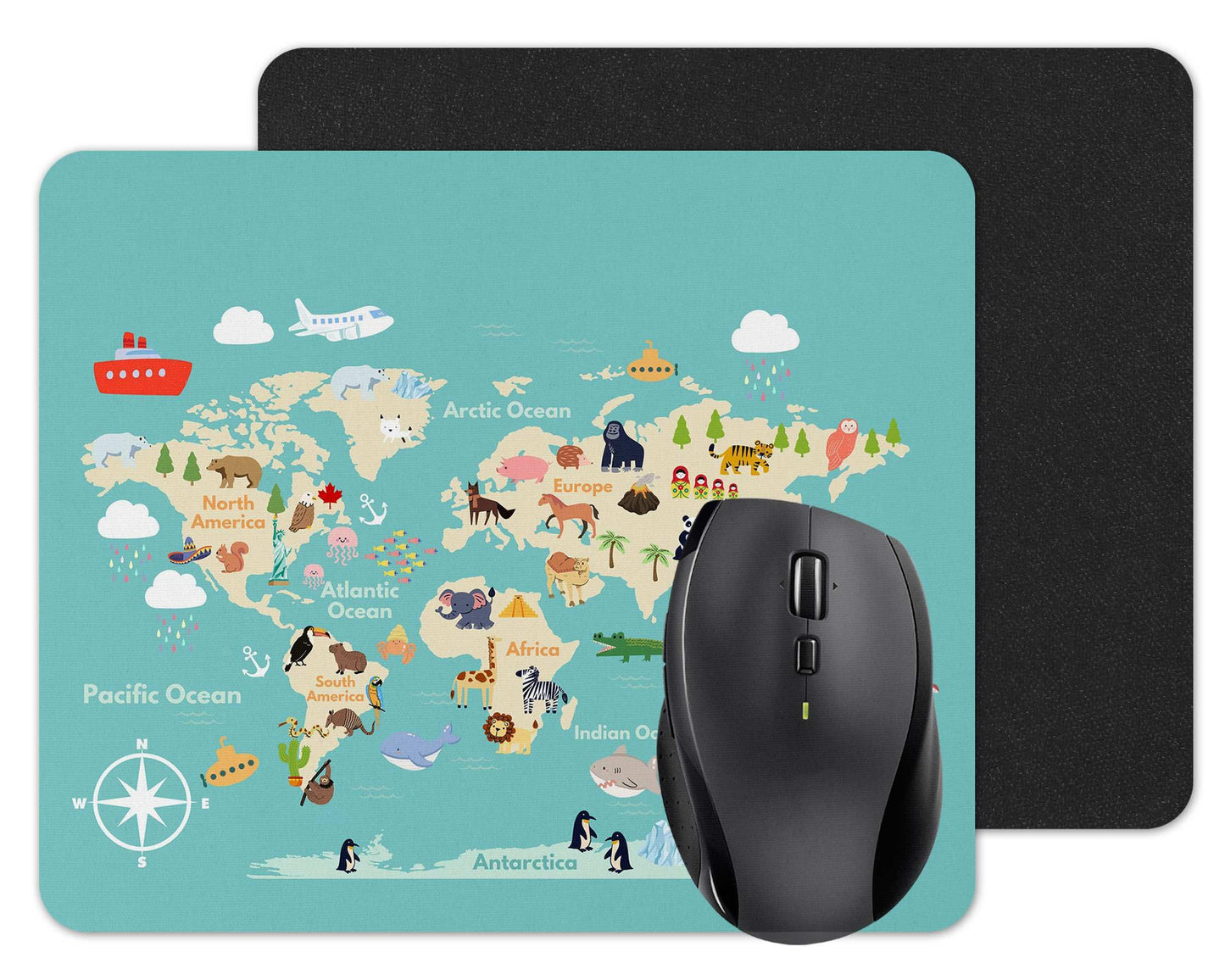 World Map, for kids with animals Mouse mat pad for UK with Holiday Non Slip PC Desktop Laptop for Home,work school office