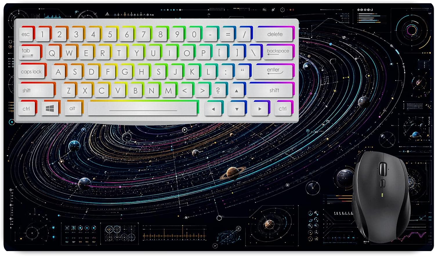 Vixar Futuristic Orbit Diagram Large Desk Mat – Colourful Space Tech Fabric Mouse Pad with 3mm Non-Slip Rubber Base, 600 x 350mm