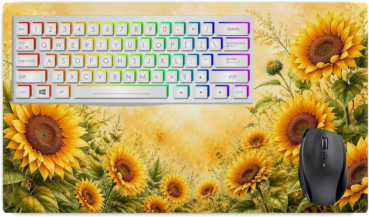 Vixar Sunflower Garden Large Desk Mat – Bright Floral Fabric Mouse Pad with 3mm Non-Slip Rubber Base, 600 x 350mm