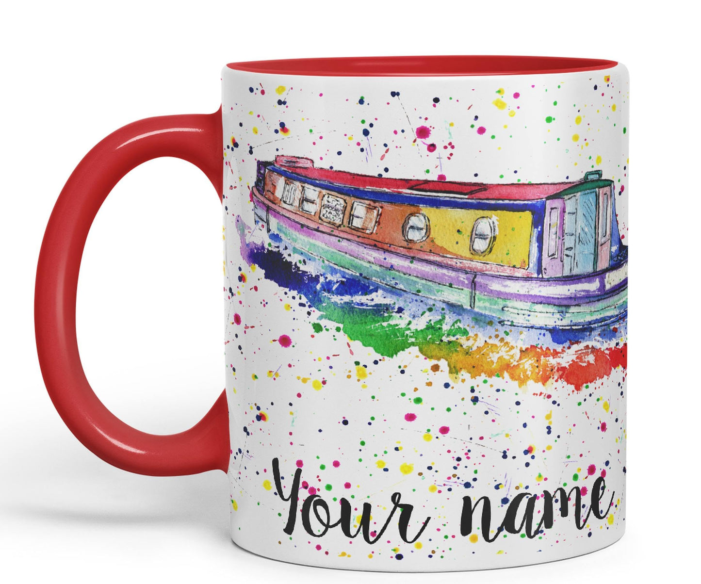 Vixar Personalised with Your Text Narrowboat Canal Boat Watercolour Art Coloured Ceramic Mug Cup Gift 330ml 11oz Custom Work Office Tea Coffee