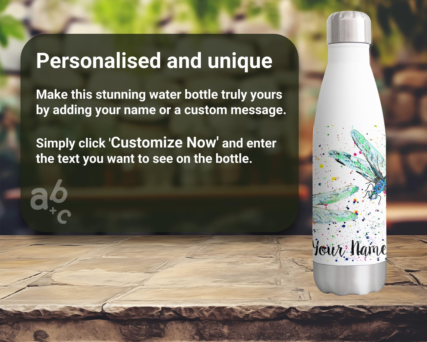 Vixar Dragonflies Blue Personalised Custom Bottle with your Text/name Dragonfly Insect Animals Watercolour Bottle Double Wall Insulated Stainless Steel Sport Drinks 500ml