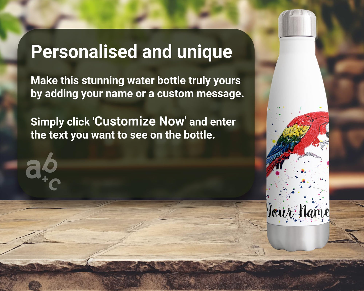 Vixar Parrot Personalised Custom Bottle with your Text/name Watercolour Macaw Bird Animals Bottle Double Wall Insulated Stainless Steel Sport Drinks 500ml