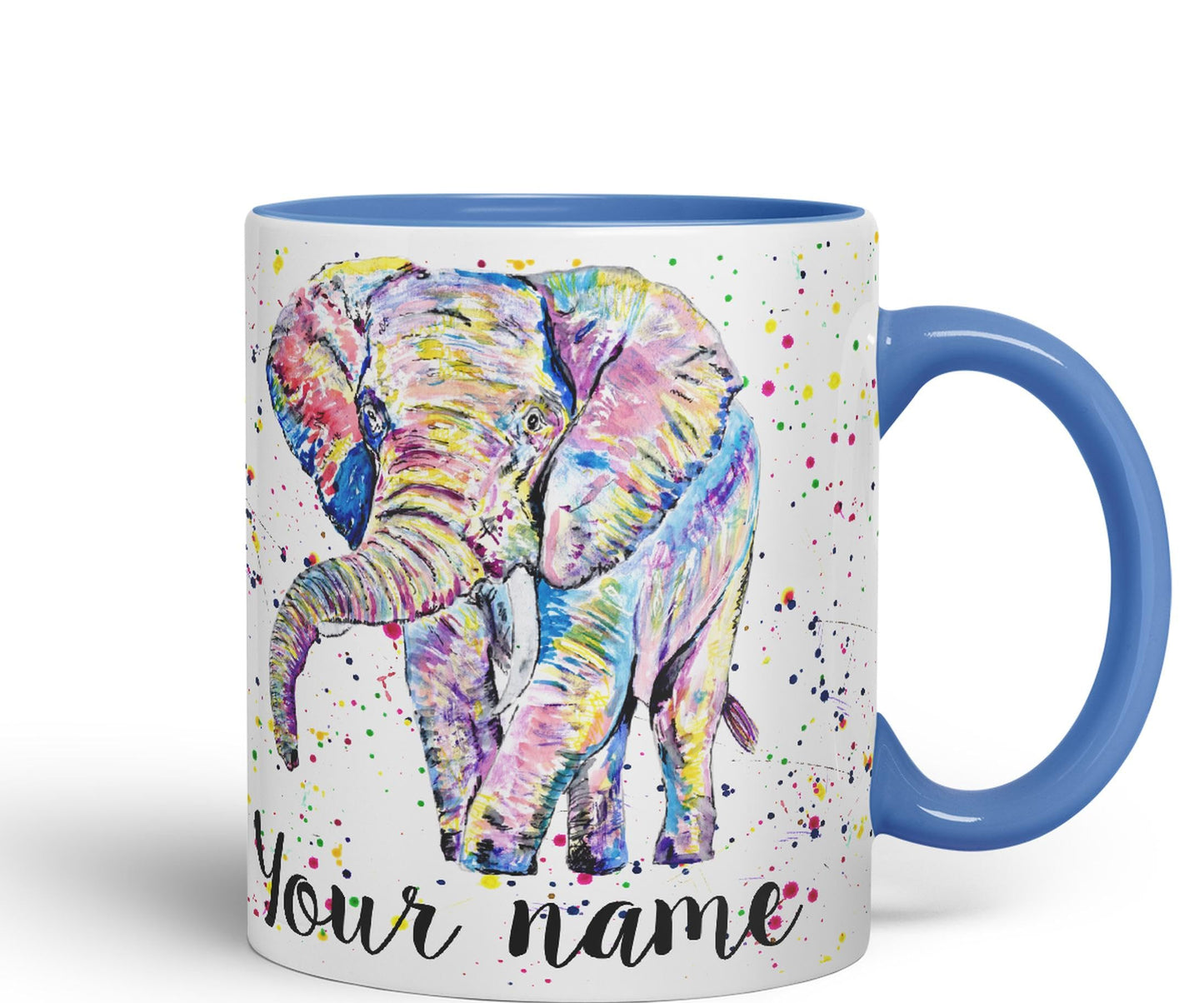 Vixar Personalised with Your Text Elephant Forward Facing Wild Animals Watercolour Art Coloured Ceramic Mug Cup Gift 330ml 11oz Custom Work Office Tea Coffee