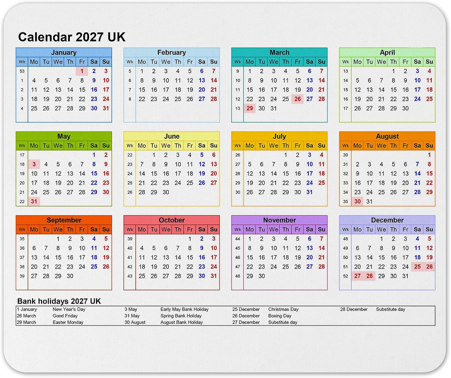 Vixar Calendar 2027 Mouse mat pad for UK with Holiday Non Slip PC Desktop Laptop for office school work home (White)