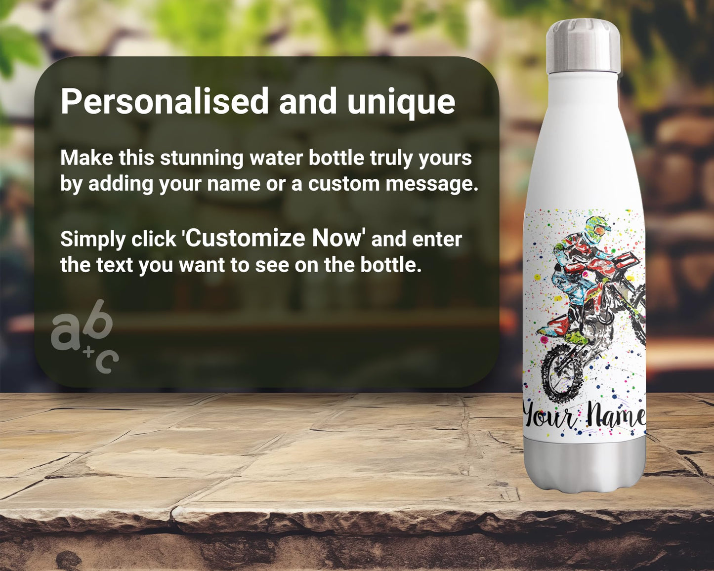 Vixar Motocross Personalised Custom Bottle with your Text/name motocycle Motorbike Watercolour Bottle Double Wall Insulated Stainless Steel Sport Drinks 500ml