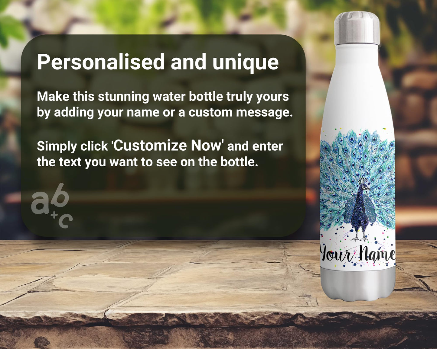 Vixar Peacock Personalised Custom Bottle with your Text/name Watercolour Peafowl Bird Animals Bottle Double Wall Insulated Stainless Steel Sport Drinks 500ml