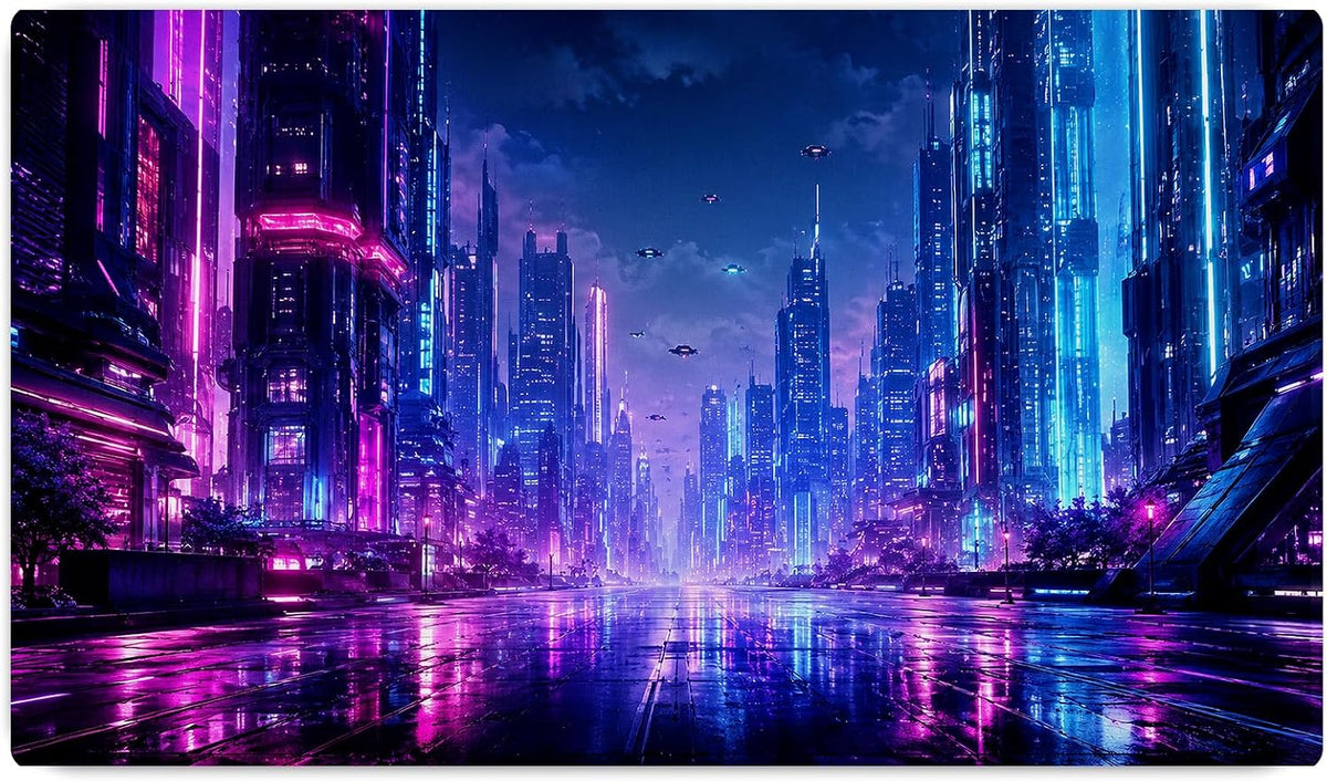 Vixar Cyberpunk Neon City Large Desk Mat – Futuristic Night Fabric Mouse Pad with 3mm Non-Slip Rubber Base, 600 x 350mm