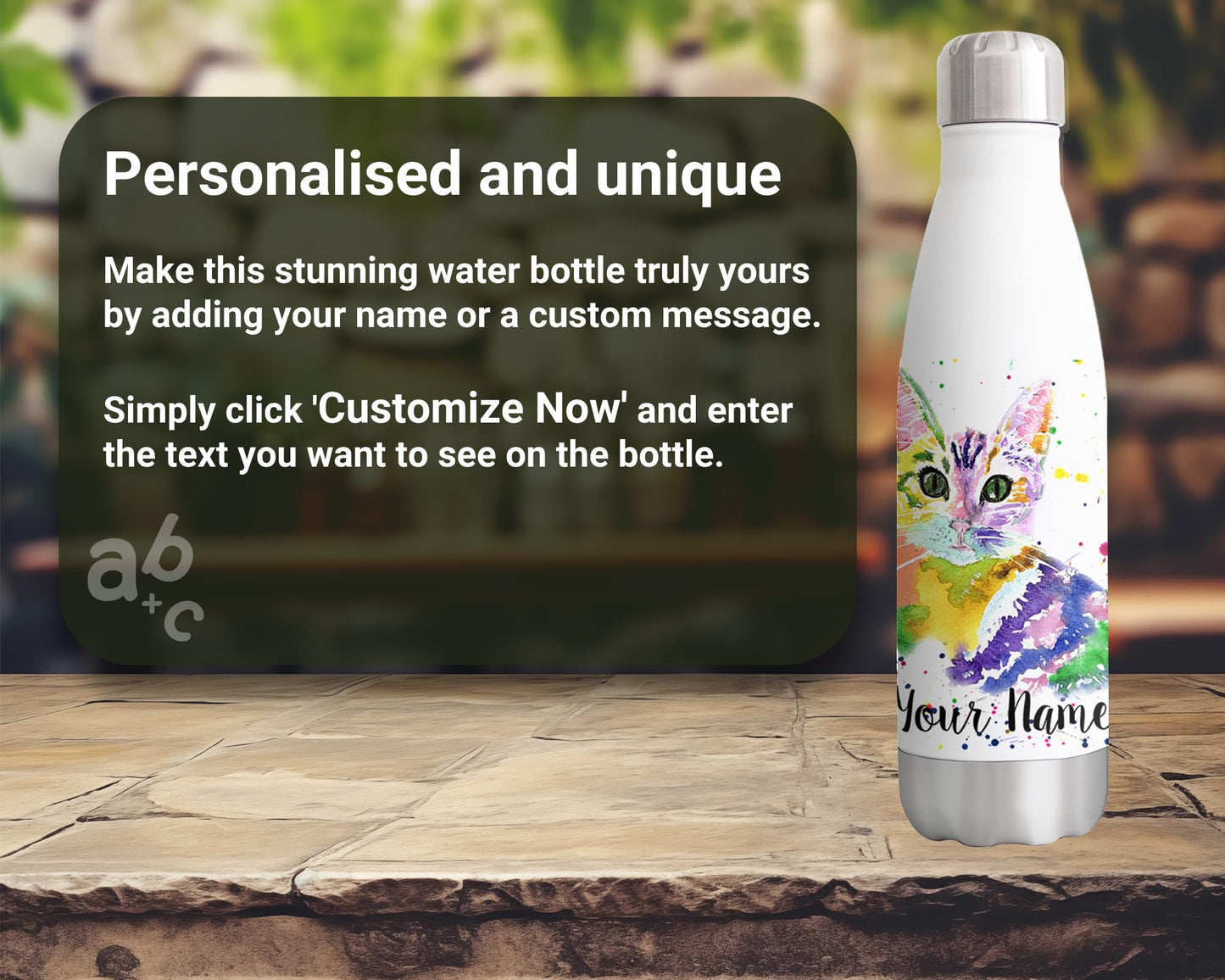 Vixar Kitten Femine Personalised Custom Bottle with your Text/name Watercolour cat Animals Bottle Double Wall Insulated Stainless Steel Sport Drinks 500ml