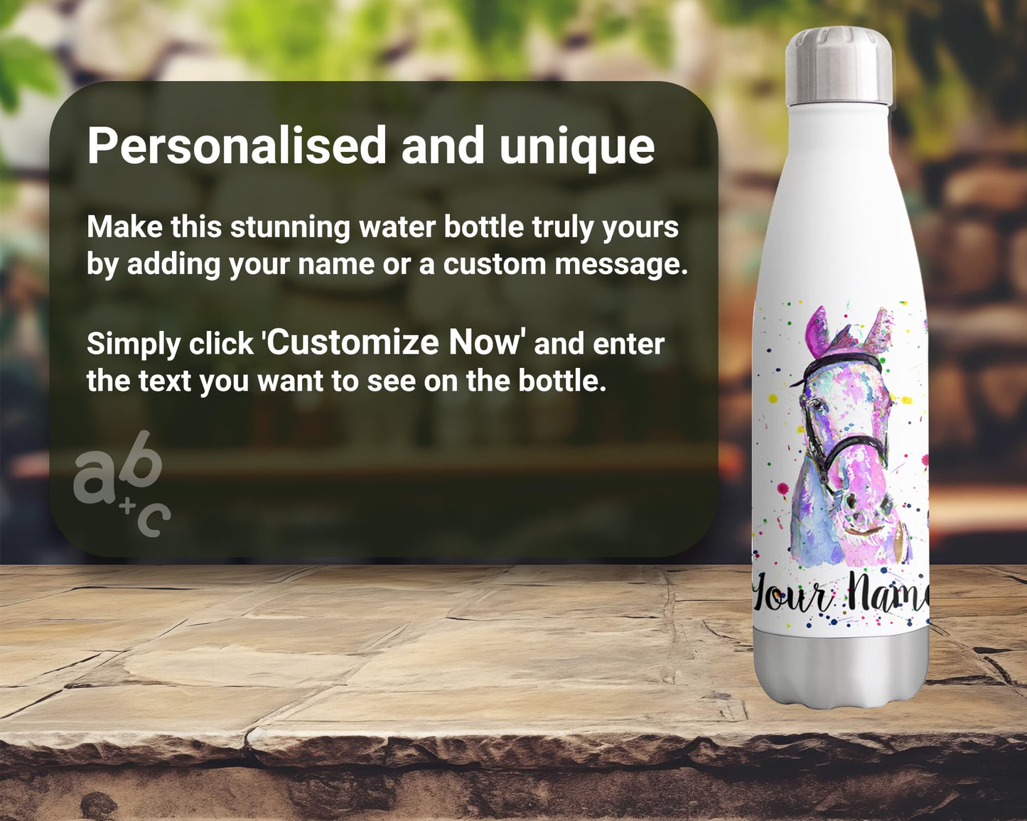 Vixar Horses Personalised Custom Bottle with your Text/name Horse Pinks Watercolour Farm animals Bottle double Wall insulated Stainless steel sport Drinks 500ml