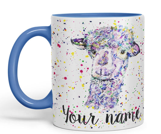 Vixar Personalised with Your Text Llama glama Animals Watercolour Art Coloured Ceramic Mug Cup Gift 330ml 11oz Custom Work Office Tea Coffee