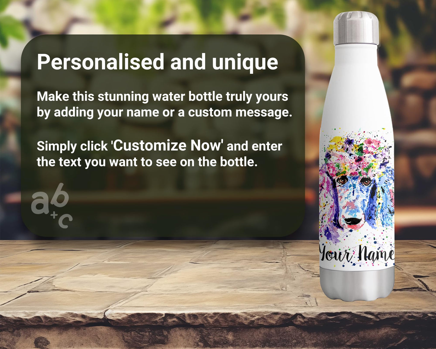 Vixar Poodle Personalised Custom Bottle with your Text/name Bridge Dog Pet Watercolour Bottle Double Wall Insulated Stainless Steel Sport Drinks 500ml