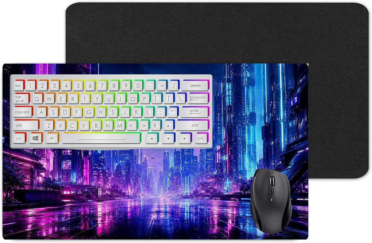Vixar Cyberpunk Neon City Large Desk Mat – Futuristic Night Fabric Mouse Pad with 3mm Non-Slip Rubber Base, 600 x 350mm