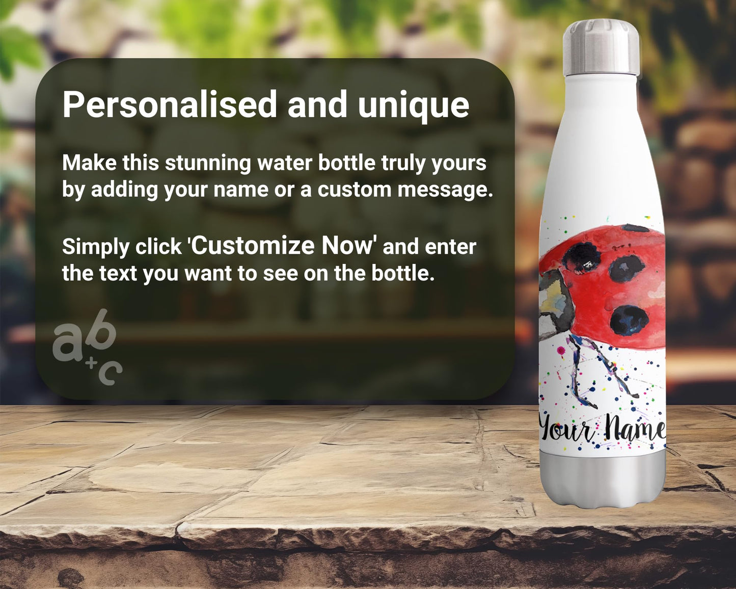 Vixar Ladybird Personalised Custom Bottle with your Text/name Watercolour Art Lady Bug wildlife animal Bottle double Wall insulated Stainless steel sport Drinks 500ml